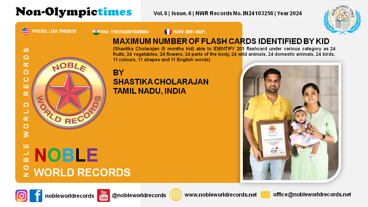 MAXIMUM NUMBER OF FLASH CARDS IDENTIFIED BY KID (Shastika Cholarajan (5 months kid) able to IDENTIFY 201 flashcard under various category as 24 fruits, 24 vegetables, 24 flowers, 24 parts of the body, 24 wild animals, 24 domestic animals, 24 birds, 11 colours, 11 shapes and 11 English words) BY SHASTIKA CHOLARAJAN TAMIL NADU, INDIA