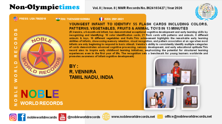 YOUNGEST INFANT TO IDENTIFY 55 FLASH CARDS INCLUDING COLORS, PATTERNS, VEGETABLES, FRUITS & ANIMAL TOYS IN 13 MINUTES