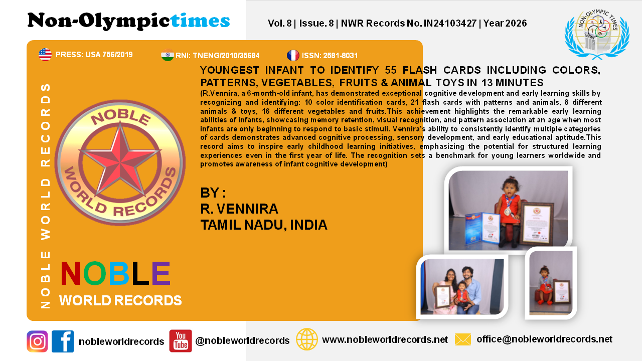 YOUNGEST INFANT TO IDENTIFY 55 FLASH CARDS INCLUDING COLORS, PATTERNS, VEGETABLES, FRUITS & ANIMAL TOYS IN 13 MINUTES
